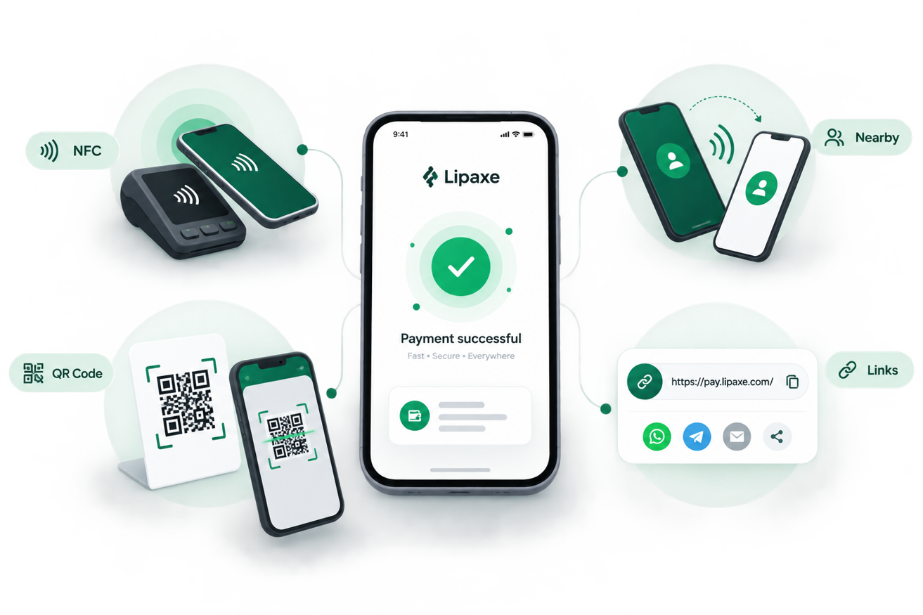 Paiements Lipaxe par NFC, Nearby, QR Code et lien de paiement
