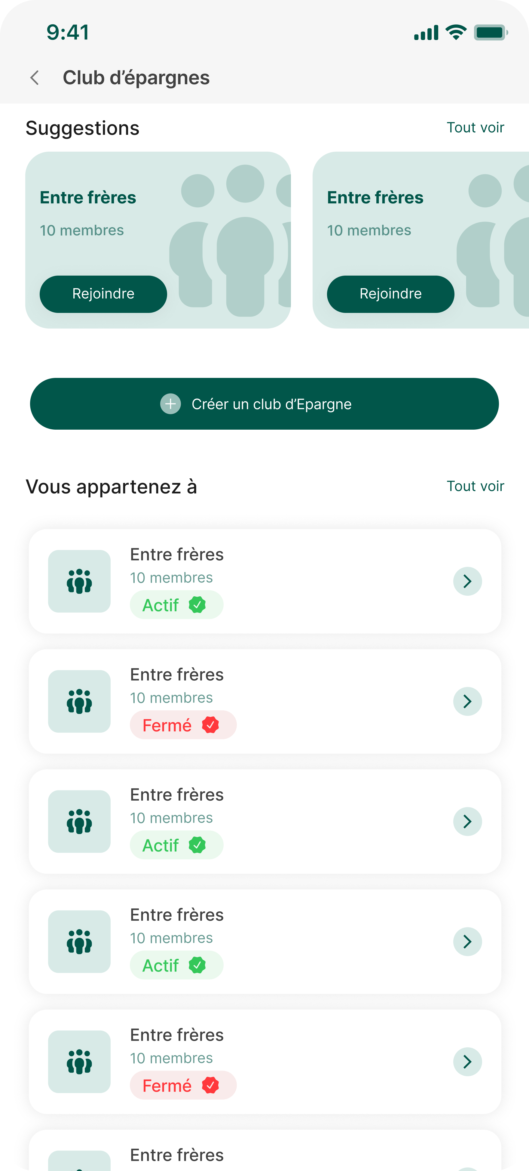 Écran Lipaxe Tontines : club d’épargne en équipe avec les cotisations des membres