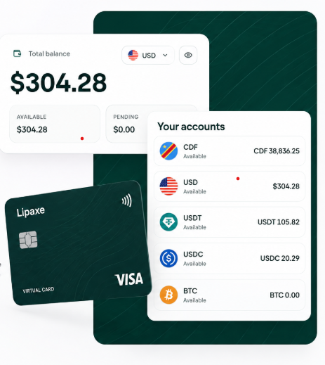 Vue Lipaxe du solde, des comptes multi-devises et de la carte virtuelle